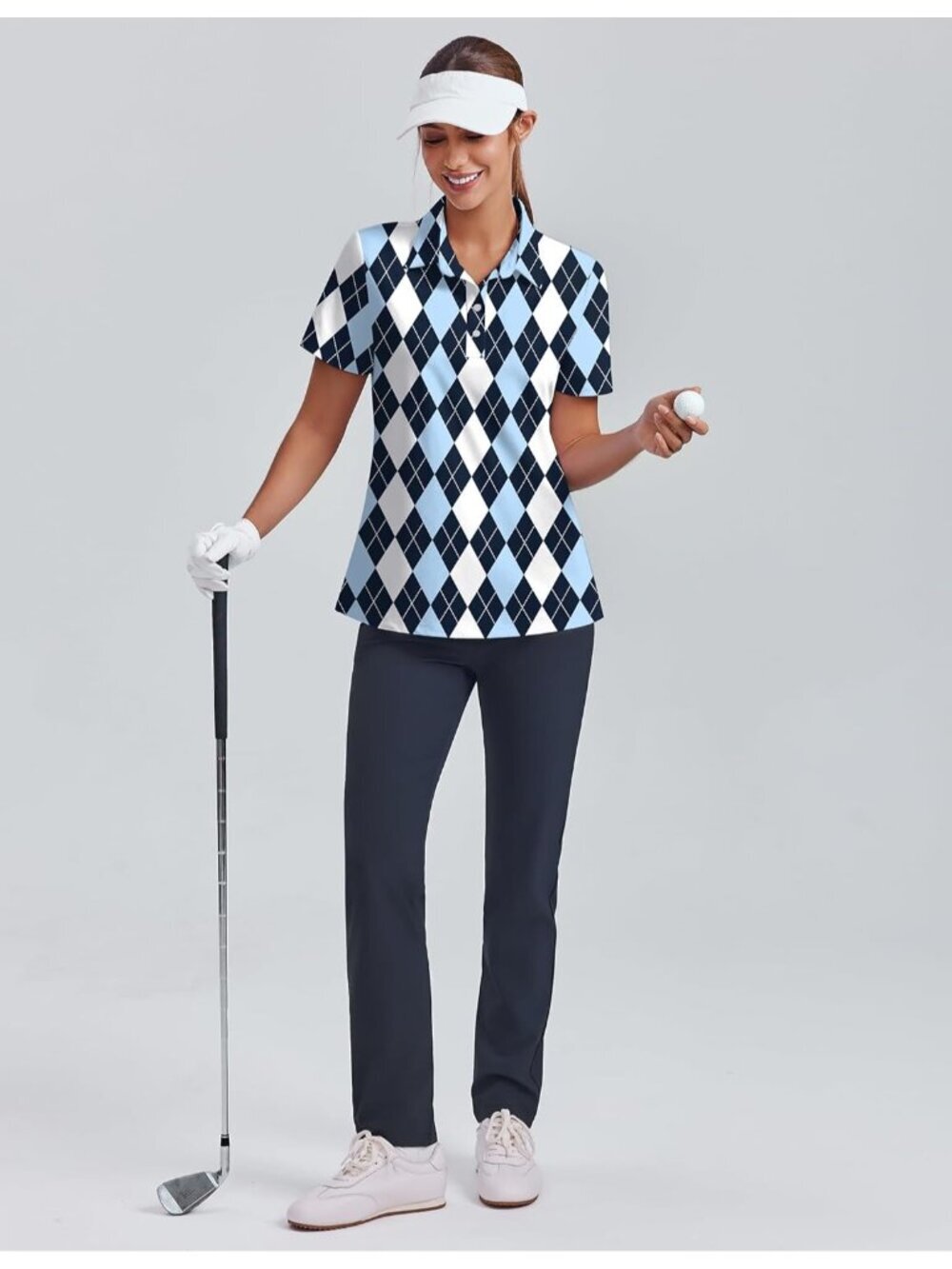 Women Black Blue Plaid 4 Button Golf Polo UPF50+ Quick Dry Tennis Tops Relax Fit - Picture 6 of 6
